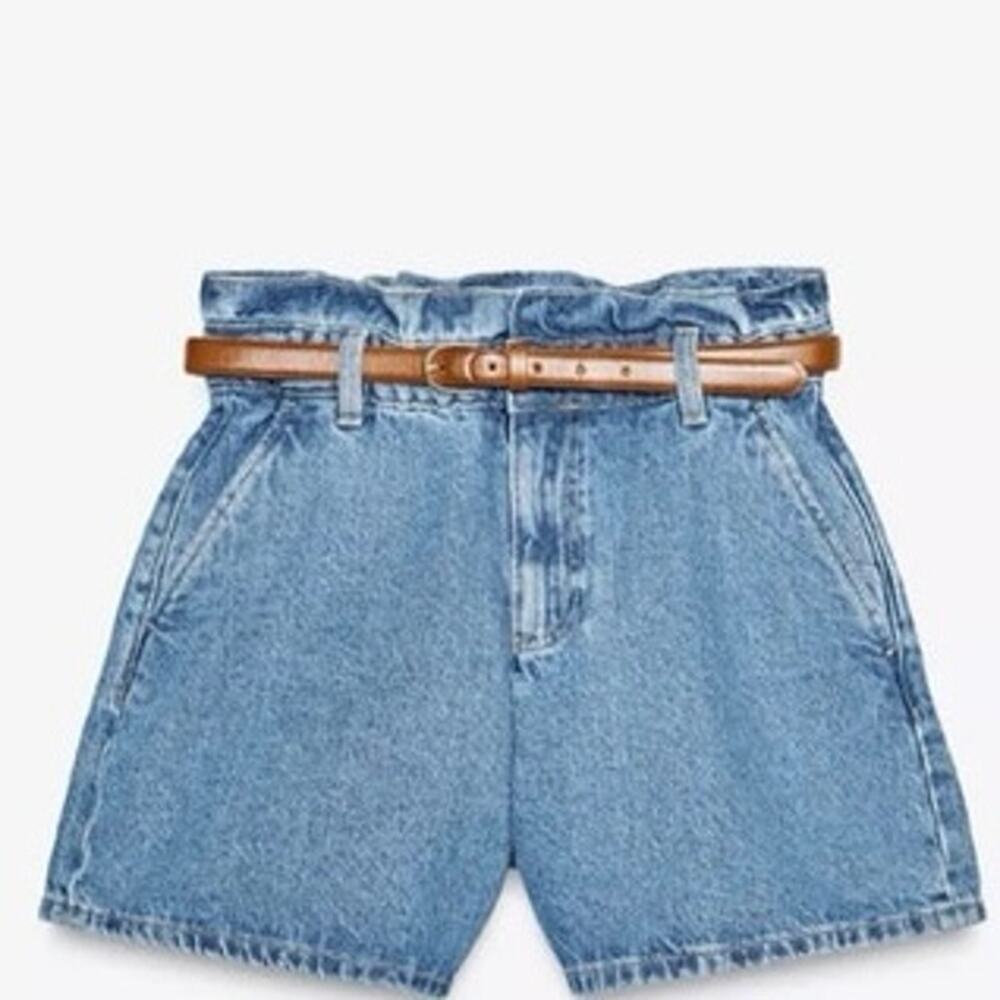 ZARA Z1975 High-Waisted Paperbag Denim Shorts 26 US 2 Mid-Blue 8228/028